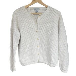 Women's Knit Cardigan Sweater Petite Large Cream White Fisherman Granola Coastal